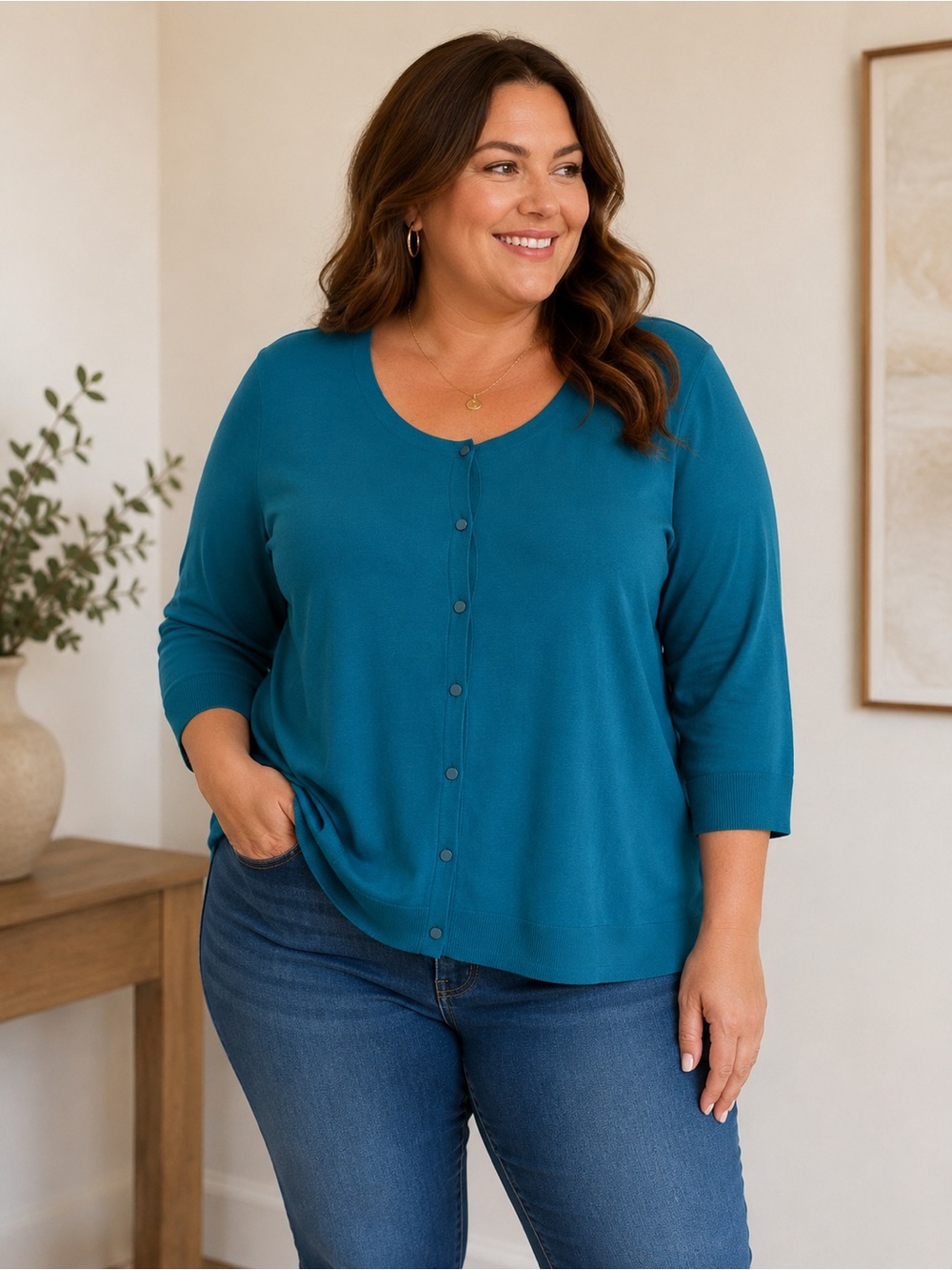 Women's Teal 3/4 Sleeve Button-Front Cardigan 2X